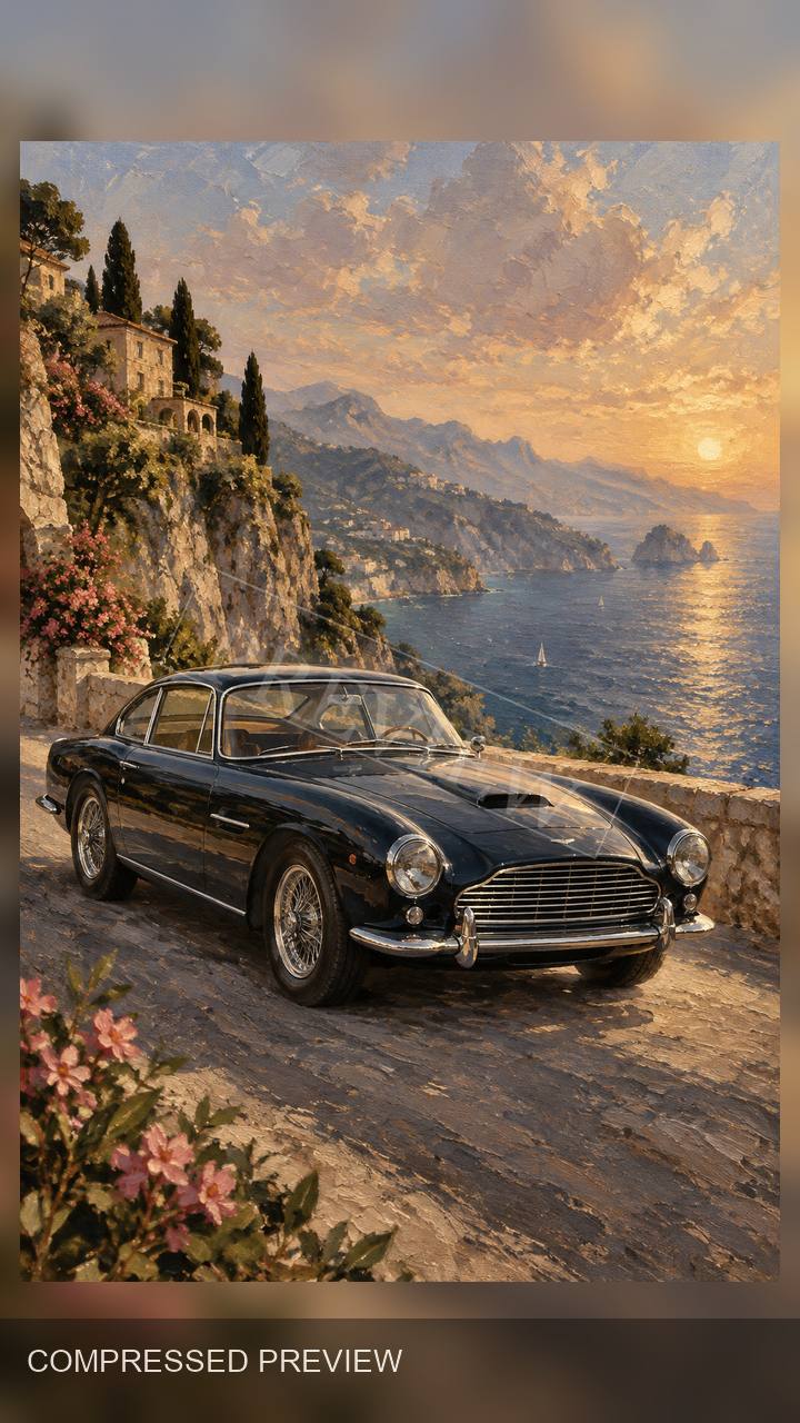Compressed oil paint preview of a coastal grand touring car wallpaper