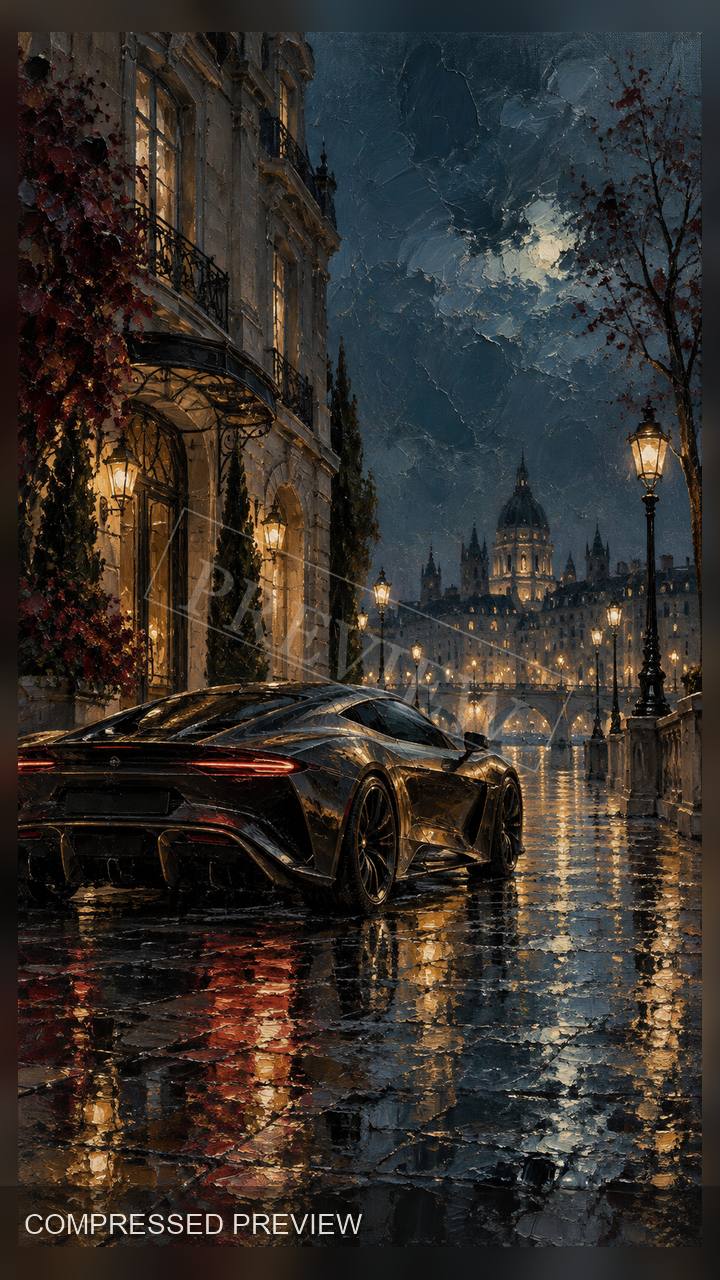 Compressed oil paint preview of a rainy city sports car wallpaper