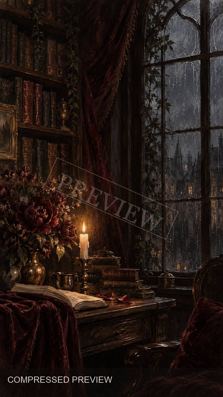 Compressed preview of a dark candlelit library wallpaper