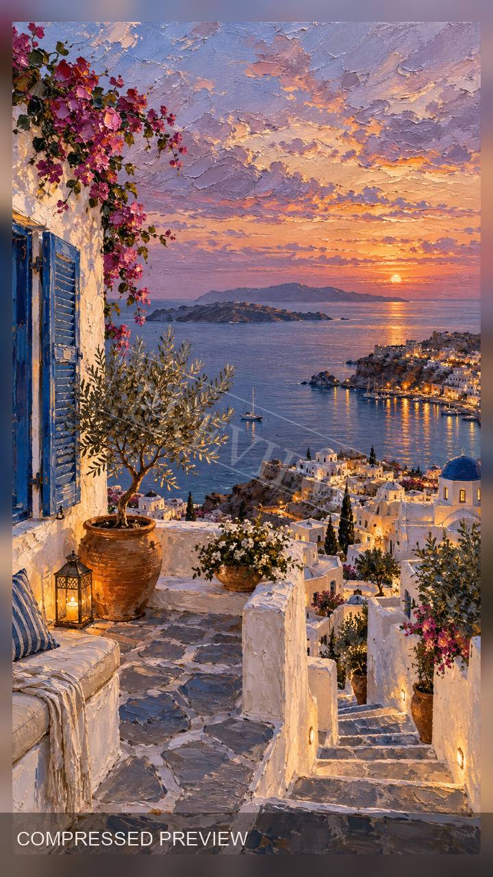 Compressed oil paint preview of a Greek rooftop dusk terrace wallpaper