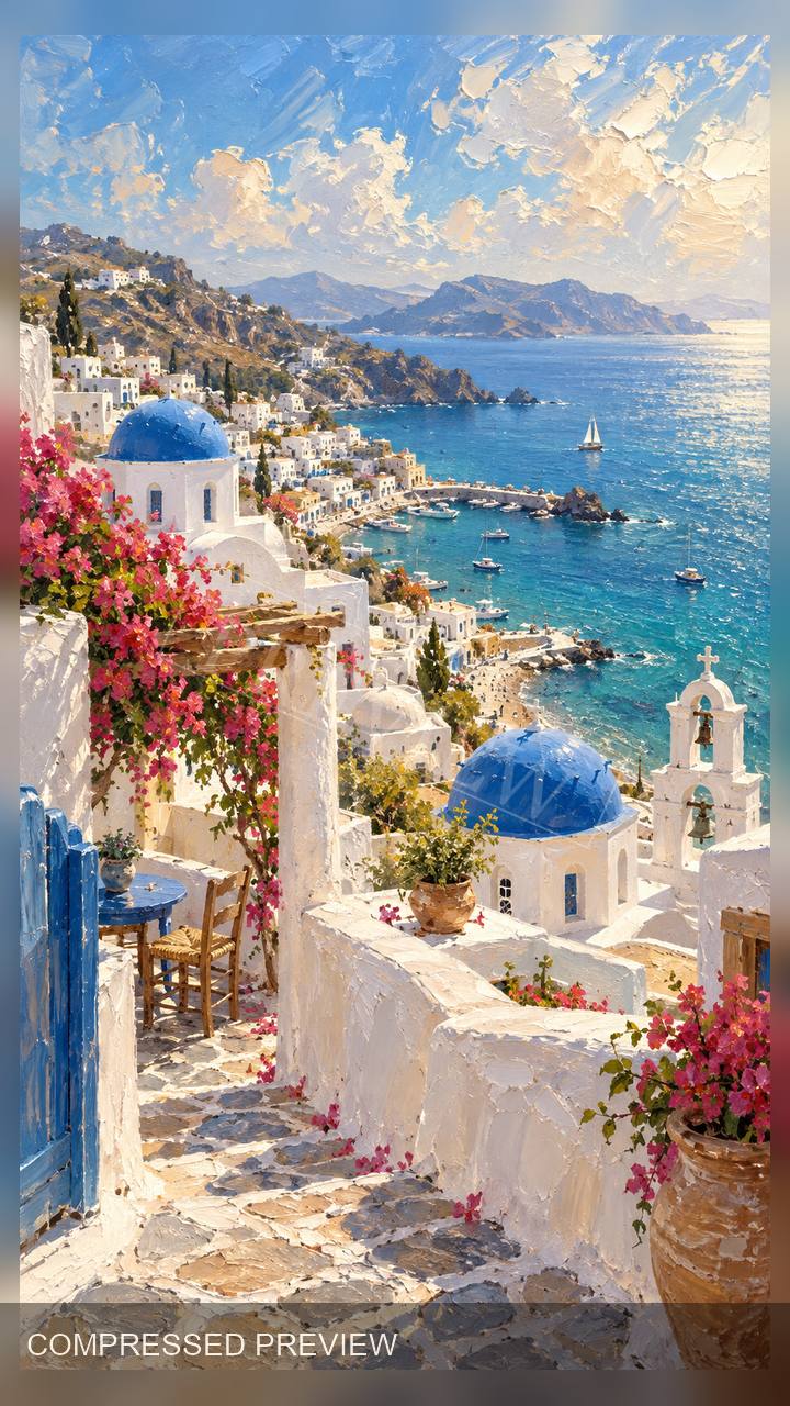 Compressed oil paint preview of a Greek rooftop morning harbor wallpaper