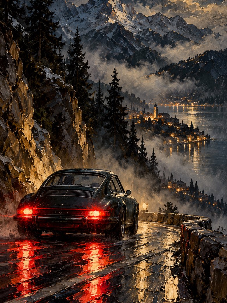 Compressed oil paint preview of a LARP alpine night drive wallpaper