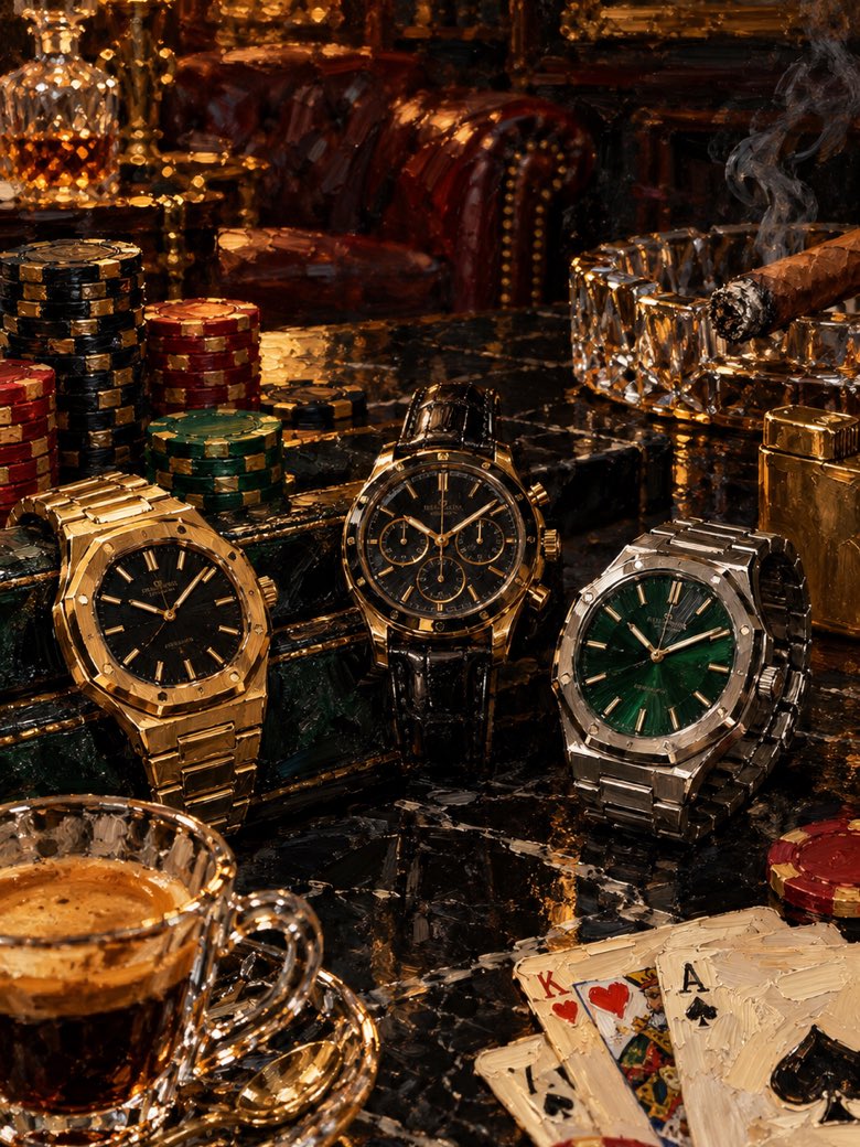 Compressed oil paint preview of a cigar lounge watch still life wallpaper