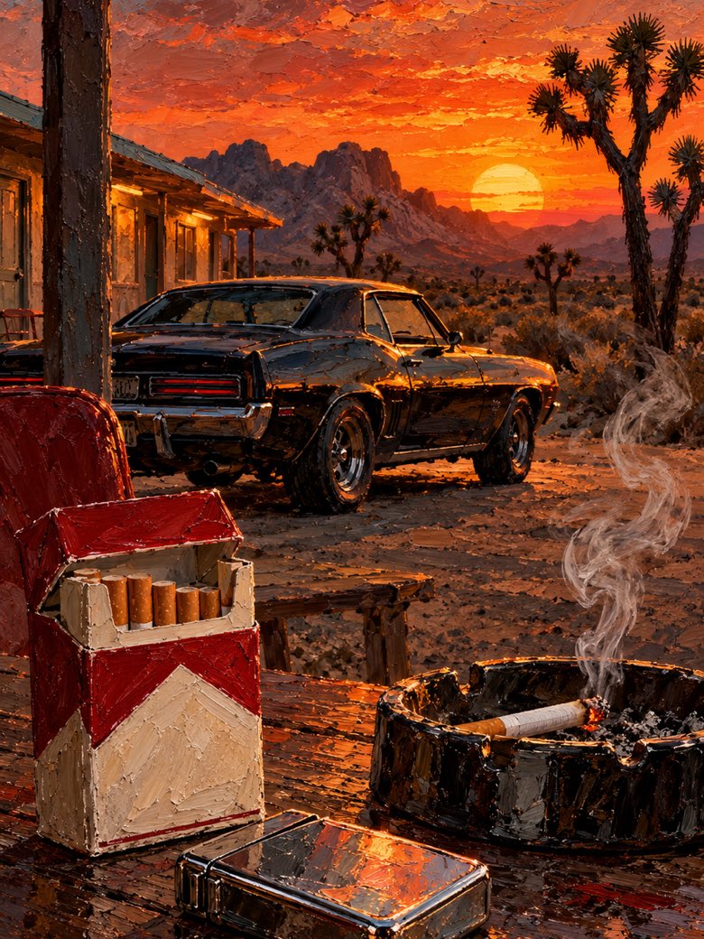 Compressed oil paint preview of a smoke and desert motel LARP wallpaper