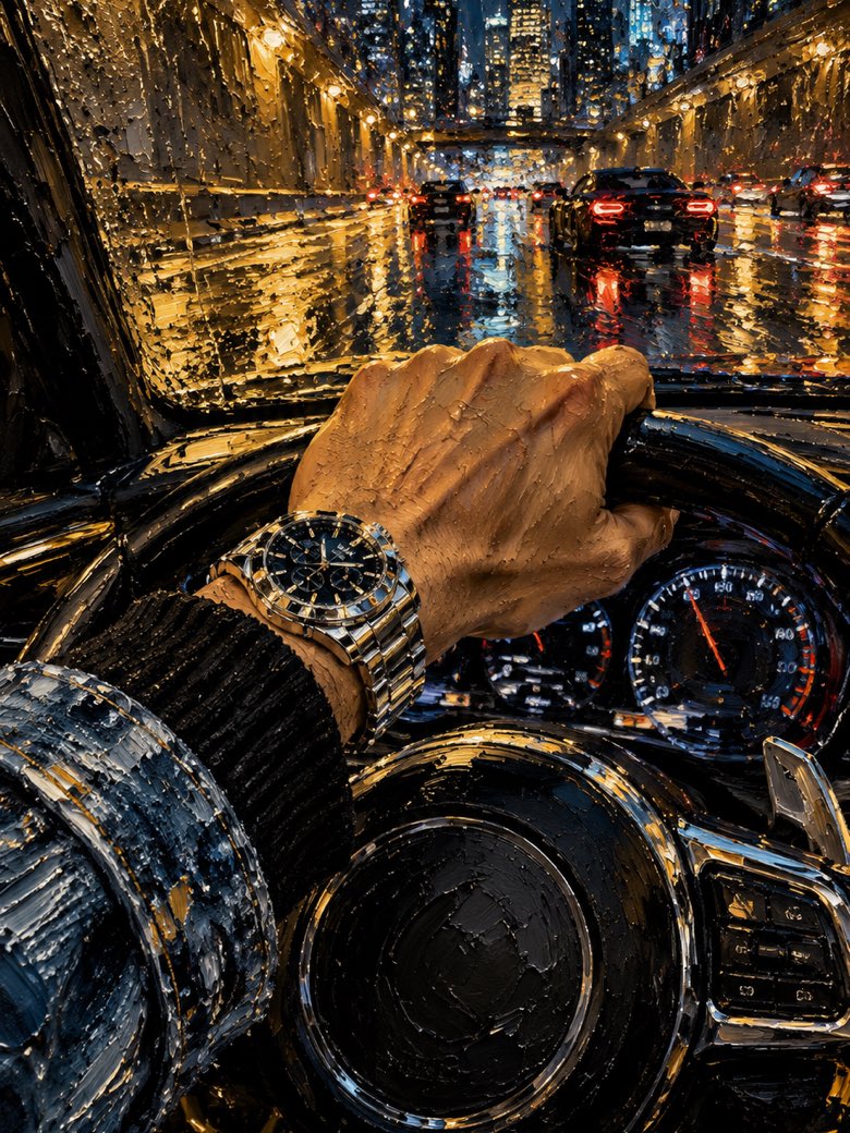 Compressed oil paint preview of a luxury watch in a rainy car tunnel wallpaper