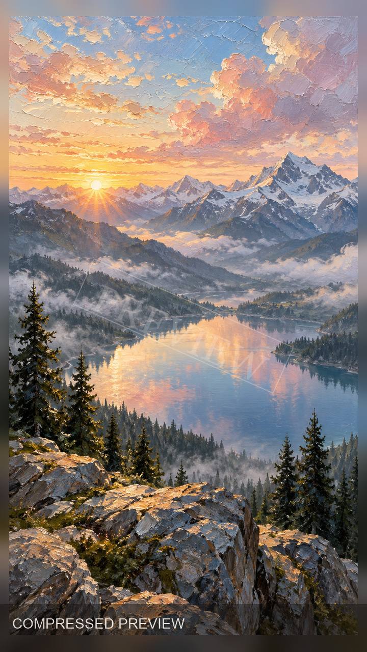 Compressed oil paint preview of a mountain lake sunrise wallpaper
