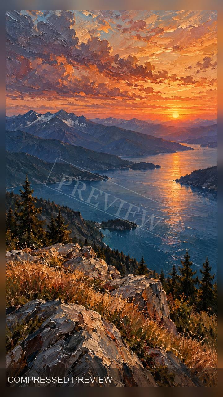 Compressed oil paint preview of a mountain lake sunset wallpaper