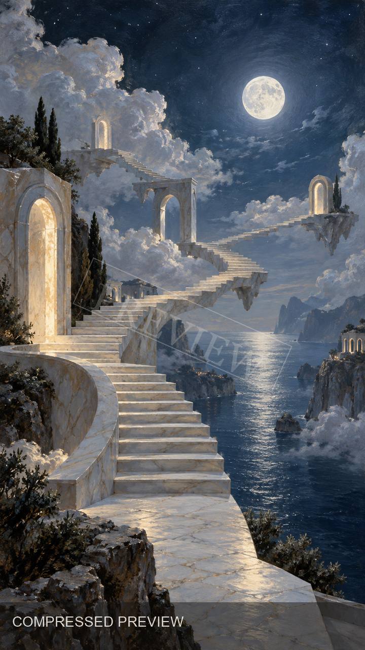 Compressed preview of a surreal moonlit stairway wallpaper
