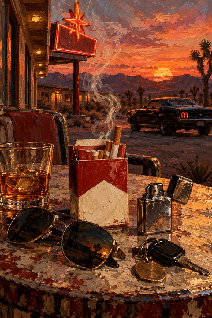 Compressed oil paint preview of a desert motel smoke vault wallpaper