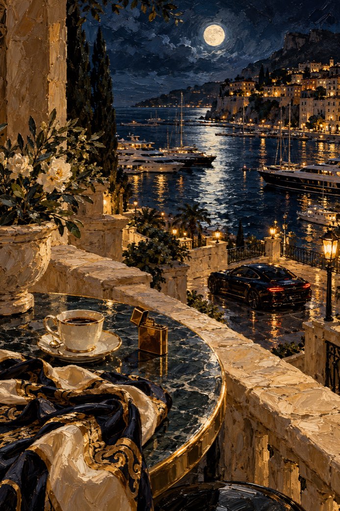 Compressed oil paint preview of a moonlit harbor terrace vault wallpaper