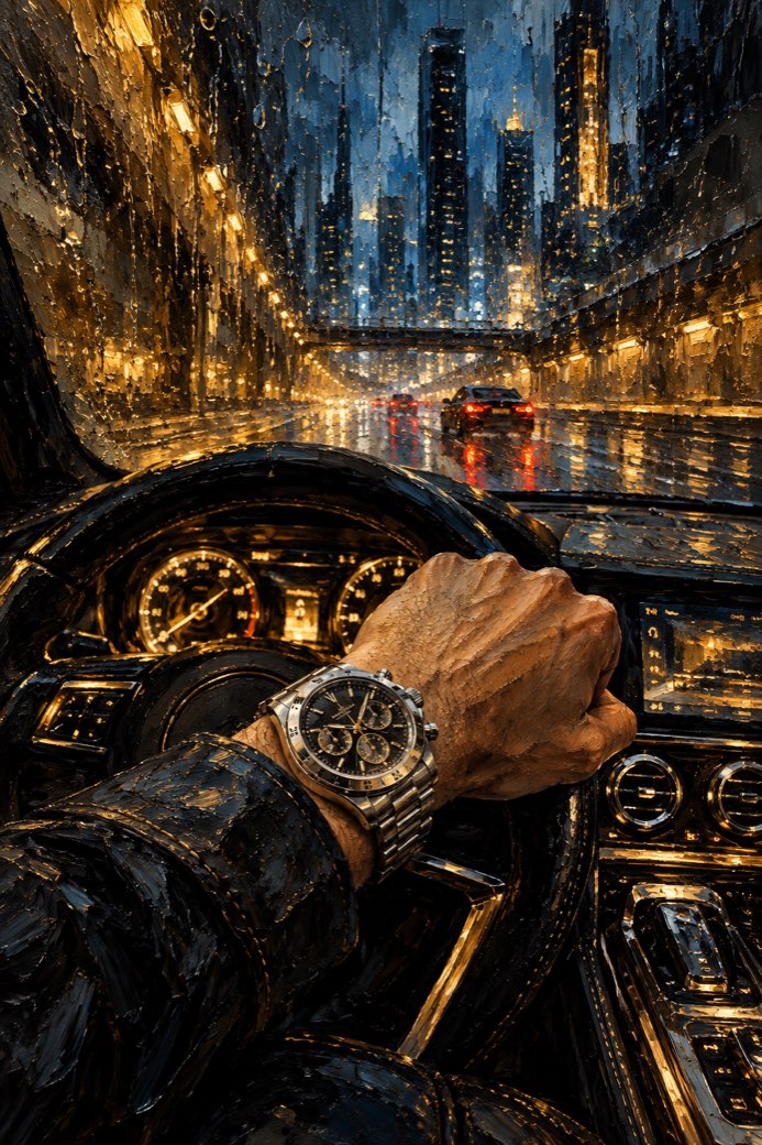 Compressed oil paint preview of a rainy watch and car interior vault wallpaper